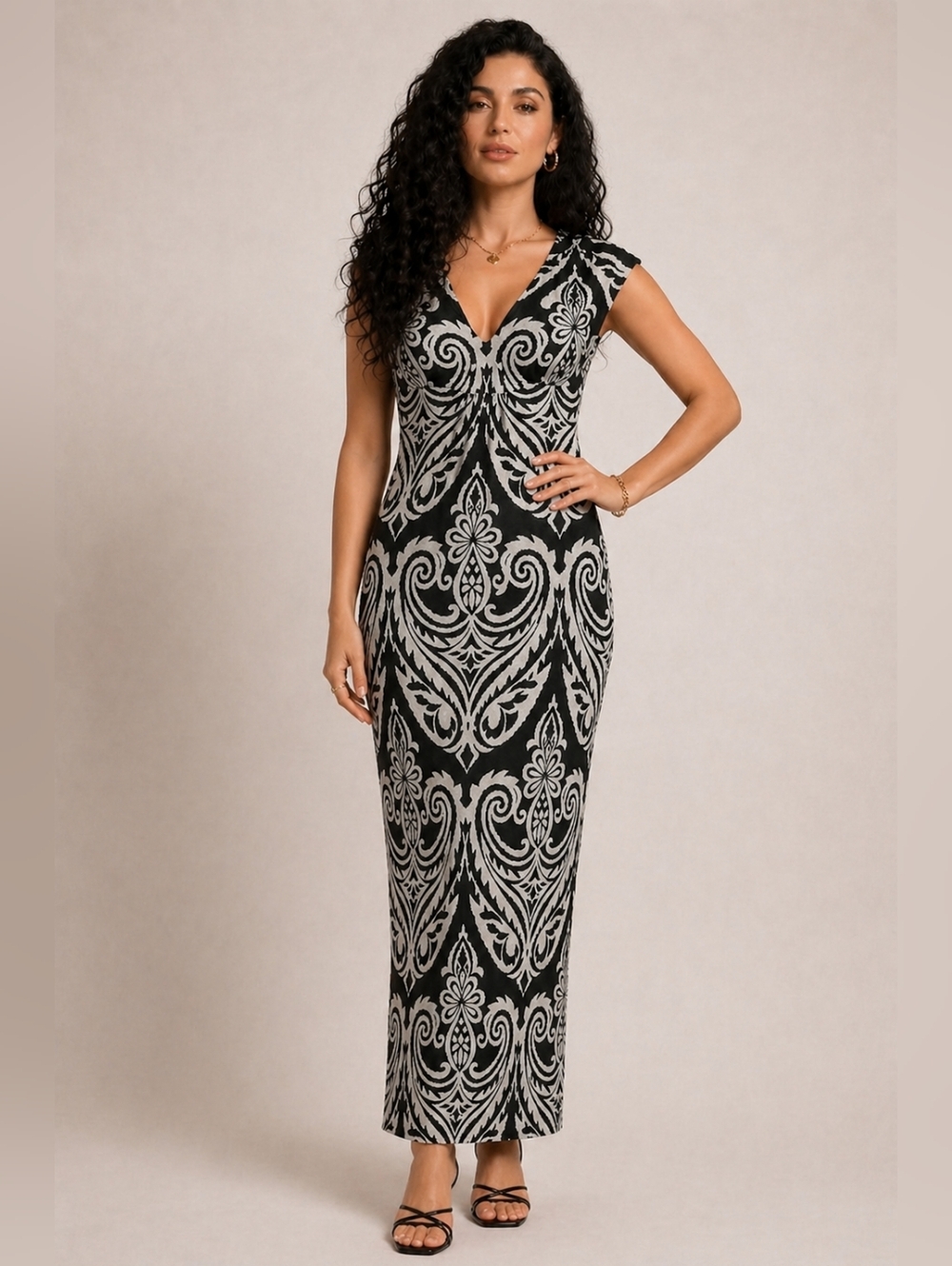 INC International Concepts Black White Damask V Neck Maxi Dress Size S